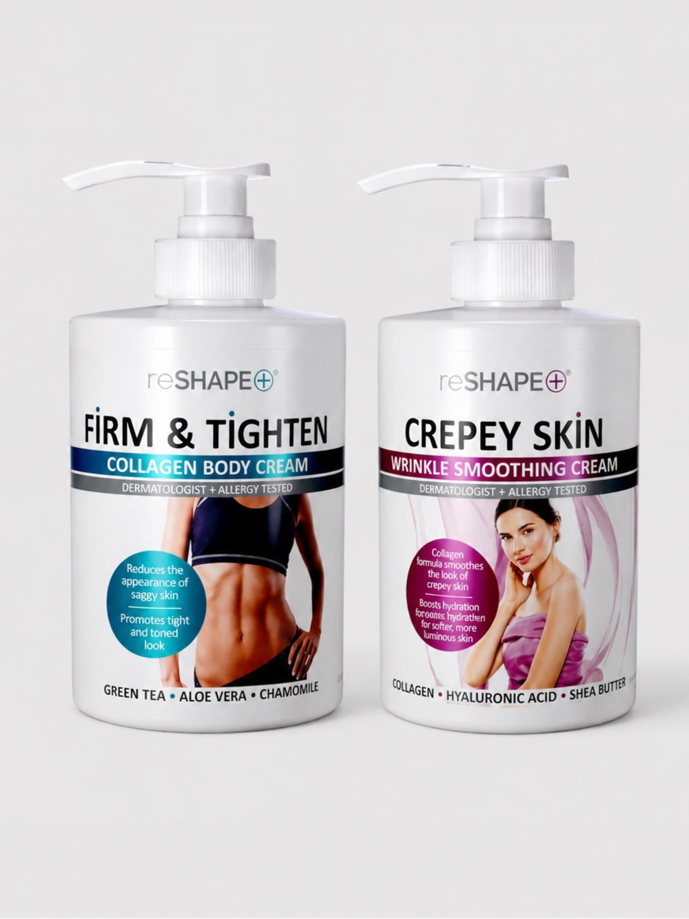 RESHAPE Firm Tighten Crepey Skin Collagen Body Cream Set Pump Bottles 30 oz NIB